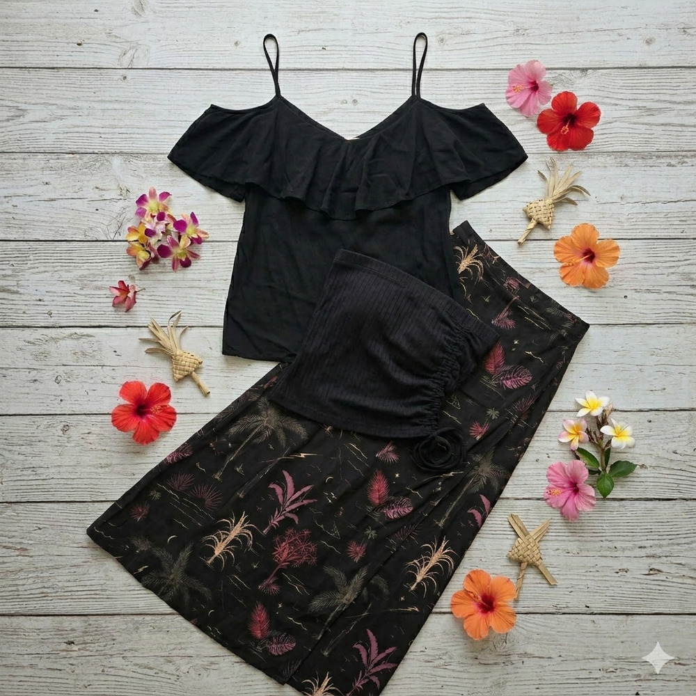 Whimsigoth Coastal Bundle Maxi Skirt┃ Tube Top ┃ Cold Shoulder Blouse